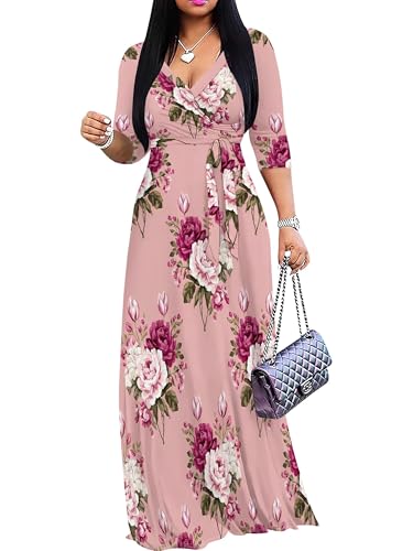 Image of PinkPatty Women's Plus Size Maxi Dresses Casual Flowy 3 /4 Sleeves Dress Printed Vacation Dress for Daily Wear with Belt