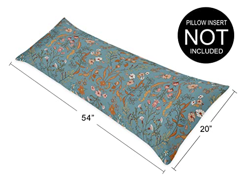 Sweet Jojo Designs Boho Bohemian Farmhouse Teal Blue Orange Wildflower Garden Floral Accent Decorative Couch Long Throw Zipper Body Pillow Cover Case 54X20 Botanical Flower Vintage Home Room Decor #TOP4