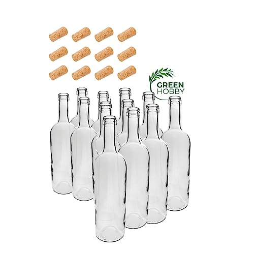 Green Hobby Botella De Vino De 750 Ml Con Botella De Cristal De Corcho, Botella De Licor 12 Unidades Con Corcho, Blanco