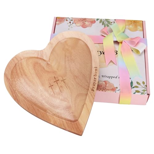 Heart Wooden Prayer Bowl with Cards & Cross Gift-Boxed Wood Prayer Bowl Inspirational Catholic Christian Religious Gift for Women Men Perfect for Baptism Christmas Faith Home Decor & Meditation