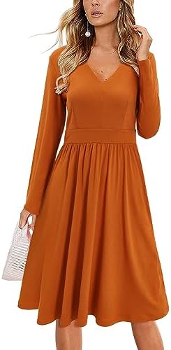 ULTRANICE Women's Fall Casual Long Sleeve Dresses V Neck Swing Midi Dress with Pockets