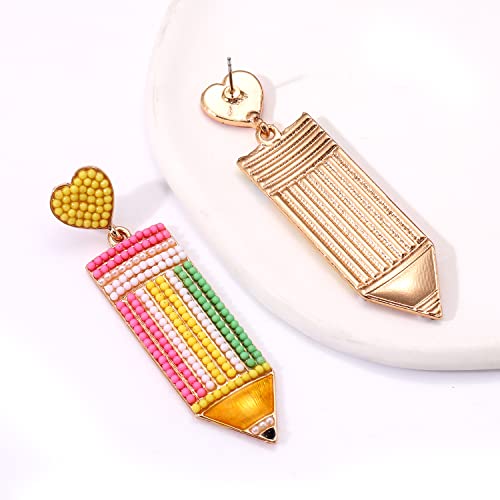 2/3Pairs Teacher Earrings for Women Beaded Pencil Dangle Earrings Statement Apple Book Drop Earrings Teacher Appreciation Gifts Back To School Jewelry Set4