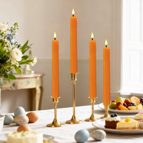 Image of Beeswax Honeycomb Flameless LED Taper Candles, 9.5 Inch Flickering Wax Candles with Remote & Timer, Orange Battery Operated Dripless Tapered Candle for Home Wedding Decor, 4 Pack