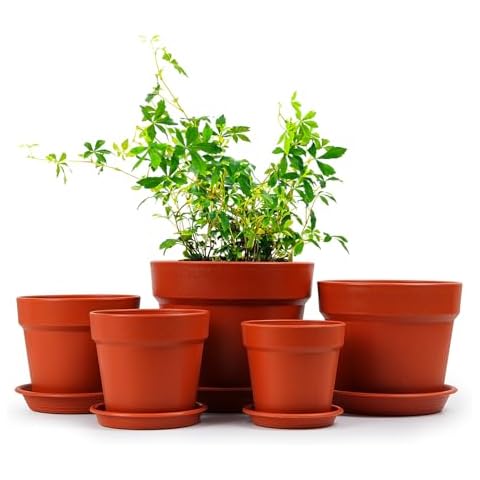 Vodotion 5 Pcs Flower Pots（Size：6.6/5.6/4.9/4.3/3.7 Inch ）,Thick and Sturdy Plastic Pots, Indoor/Outdoor Plant pots, with Drainage Holes and Saucers Cover