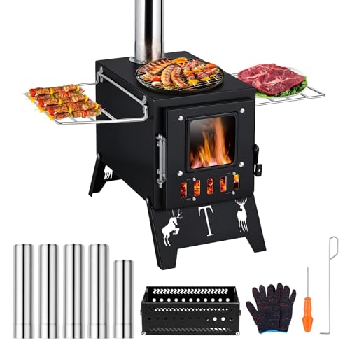 HEVIRGO Upgraded Wood Burning Sauna Hot Tent Portable Stove, 2 in 1 Tent Wood Burning Stove for Outdoor Camping Heating, Camping, Hunting, Heating, Cooking, Ice Fishing, Boiling Water Black