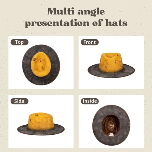 Image of RUEDIGER Vintage Wide Brim Fedora Hats 100% Wool Stiff Felt Hat Rancher Hat with Lightning Logo Handmade Distressed /Burned