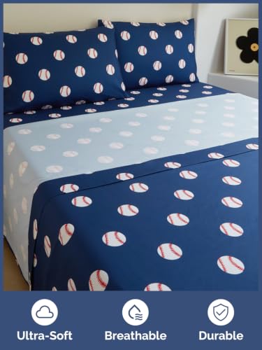 Image of Kids Queen Size Baseball Bed Sheets - 4 Piece Kids Baseball Sheet Set - Sporty Game Day Bedding - Ultra-Soft, Cute & Cozy - Breathable & Machine Washable - Bed Set for Boys, Girls, Teens & Toddlers