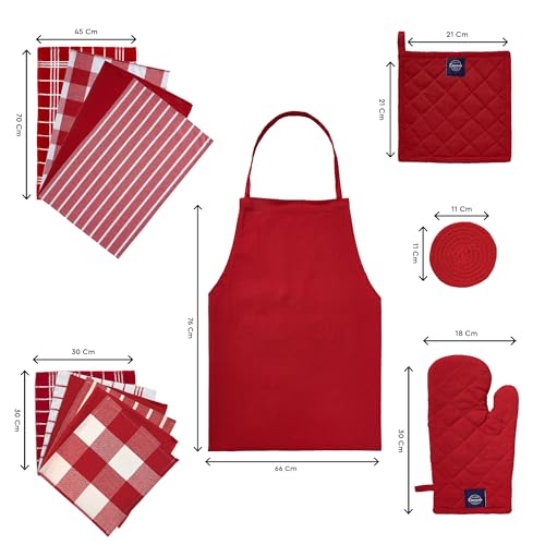 Image of Encasa XO Kitchen Towels and Dishcloths Sets | 21 Pcs Apartment Essentials Set | Oven Mitts and Pot Holders with Hanging Loop | Cooking Apron, Dish Cloth, Flour Sack and Coasters Red Combo