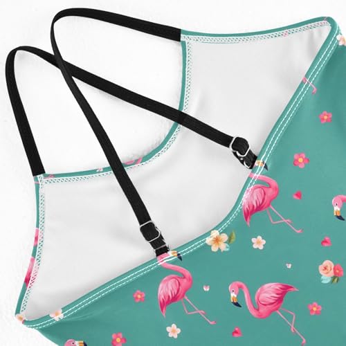 senya Girls Swimsuits One-Piece Swimwear Tie Bathing Suit Beach Summer Round Neck 5-6T Flamingo Flowers Green Background Pattern4