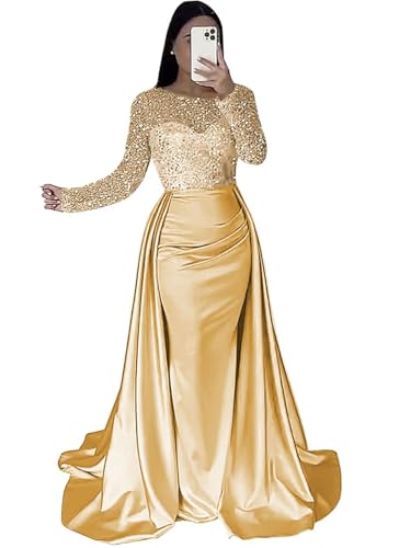 Long Sleeve Sequin Satin Prom Dresses for Women 2025 Long Mermaid Round Neck Sexy Formal Evening Party Gown with Train