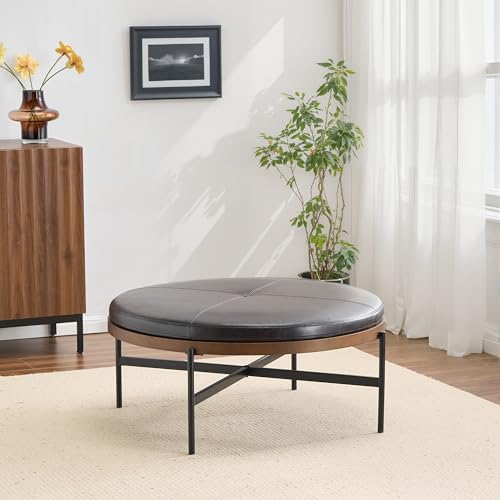 Christopher Knight Home Neapo Modern Round Ottoman Coffee Table, Faux Leather Cocktail Ottoman for Living Room Sofa, Entryway Comfortable Footstool, Durable Metal Frame Ottoman Foot Rest, Dark Brown