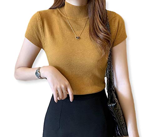 [ハベリィ] ニット ハイネック トップス 半袖 セーター タートルネック カットソー レディース (キャメル)