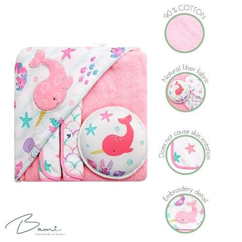 Image of BAMI Baby Bath Set - Soft Cotton Hooded Towel with 2 Facial Towels and Bath Sponge - Ultra-Absorbent, Gentle for Sensitive Skin, Ideal for Newborns and Toddlers