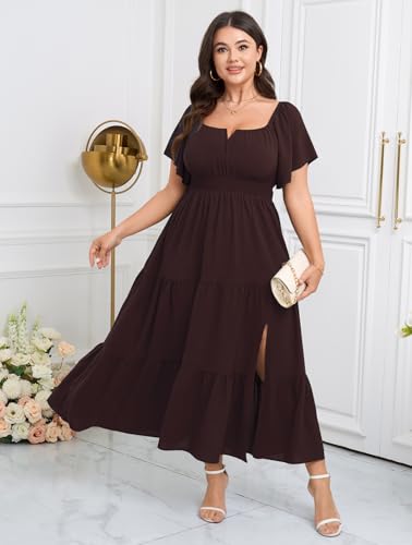 Image of SCOMCHIC Womens Plus Size Maxi Dress Formal Short Sleeve Square Neck Smocked Side Split Flowy A Line Tiered Long Dress