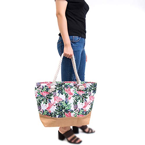 Beach Bags Waterproof Canvas Tote- Large Travel Zipper Shoulder Bag For Women With Cotton Rope Handle(White Flamingo)