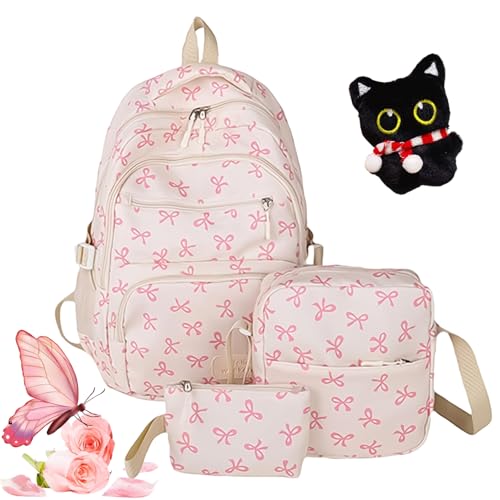 Bow Backpack 3Pcs Set, Pink Bow Backpack, Cute Backpack Set with Bow Pattern, Large Capacity, Fashion Daypack Rucksack (Pink)