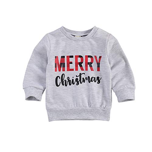 Baby Girl Boy Pullover Tops Merry Christmas Letter Print Long Sleeve Sweatshirt Casual Shirt Fall Winter Clothes 0-6T (12-18 Months, #1 Merry Christmas-Grey)