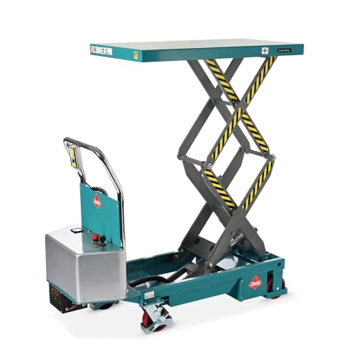 Ameise Scheren-Hubtischwagen LTT | 370-1.300 mm Hubbereich | 350 kg Tragkraft | 910x500 mm Plattform | Fahrbarer Hubtisch mit festem Bügel | Elektrischer Antrieb mit Batterie | Stahl | Türkisblau