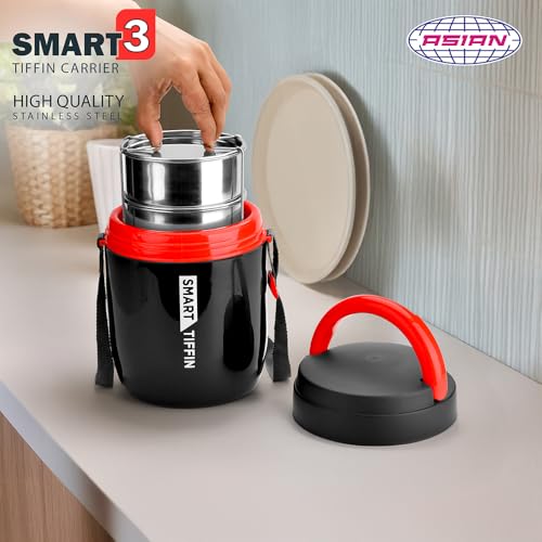 Image of Asian Plastowares - Tiffin Carrier 3 | Insulated Lunch Box | Compact | 3 Containers | Lunch Box for Adult | Leak-Proof | Ideal for Office or School | Black