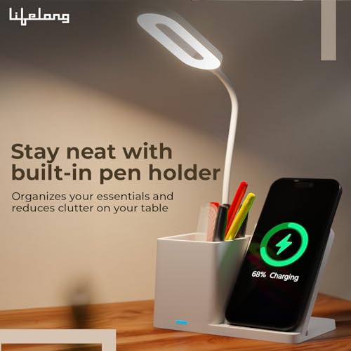 Image of Lifelong LED Desk Lamp with Wireless Charging & Pen Holder | 3 Adjustable Brightness Mode, Eye-Caring Touch Control Table Lamp | 360 Flexible Gooseneck Desk Organizer for Study, Office, Bedroom & Home