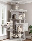 Heybly Árbol para Gatos, Torre Escalada con Poste Rascador para Gatos, 145 cm de Altura, Cuenta con Dos Grandes Plataformas, una Hamaca Amplia y un Cesto para Gato, Gris humeado HCT016W