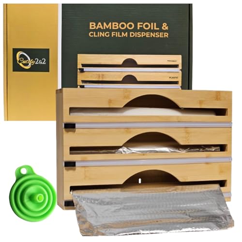 3-in-1 Bamboo Dispenser for 12inch/30cm Cling Film, Aluminium Foil & Baking Paper | Kitchen Wrap Dispenser with Built-in Cutter | Cling Film Dispenser and Cutter for Home Organisation