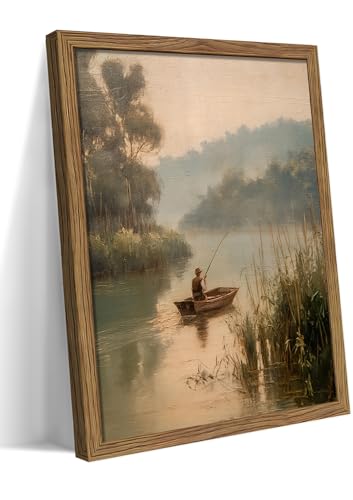 Wood Framed Vintage Fishing Wall Art Small Country Fisherman Landscape Canvas Wall Decor Paintings Retro Country Farmhouse Posters Prints Pictures for Boy Room Bedroom Living Room 8x10 Inch