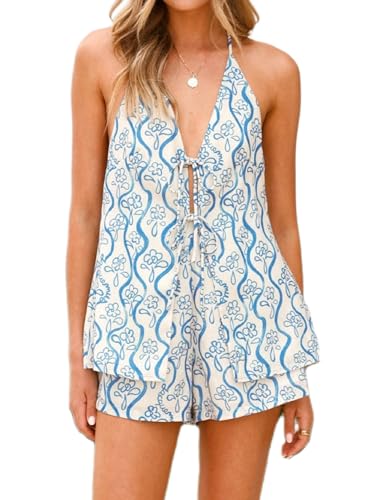 Image of ROAONOCOMO Women Tie Front Shorts Set V Neck Halter Cami Top Y2K 2 Piece Pj Set Graphic Summer Beach Lounge Outfit