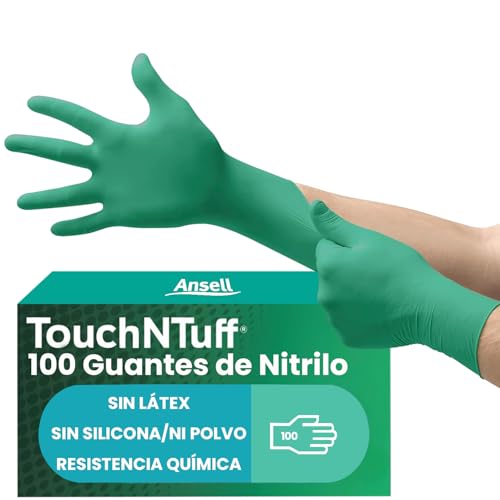 Ansell TouchNTuff 92 600 Guantes Desechables de Nitrilo, Sin Polvo, Alta Protección Química y Mecánica, Seguridad Alimentaria, Guantes Multiusos Profesionales, Verde, Talla L (100 Guantes)