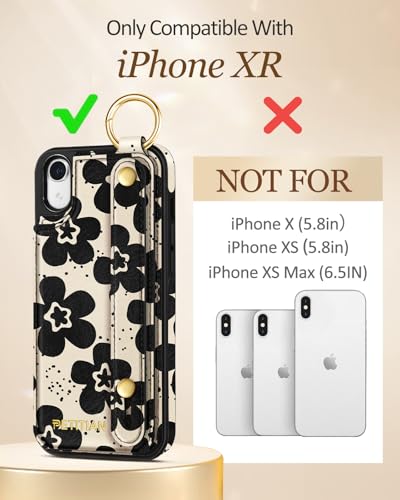 Petitian for iPhone XR Case with Wallet - Women Girls Cute Girly Aesthetic Unique Design Leather Credit Card Holder Cardholder Stand Wristband for iPhone XR, Black Flower - image 2