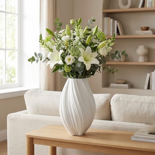 Zence Design Rimal Ceramic Vase 33.3 cm Tall Modern Stoneware Flower Vase with Glazed Interior Minimalist Decorative Vase for Centerpieces Branches & Bouquets (White)