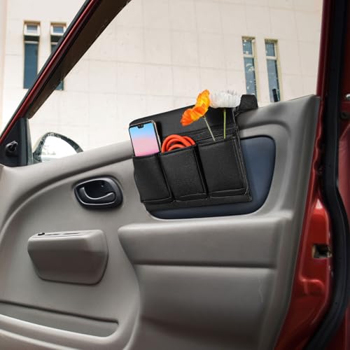 Reposabrazos de coche Housoutil con almacenamiento extra y funda lavable de cuero negro 4