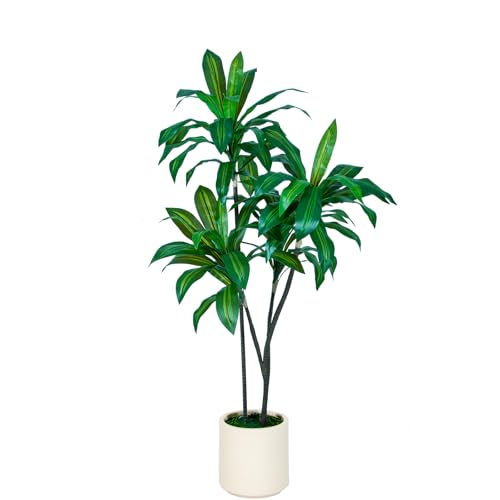 5FT Tall Faux Dracaena Tree with White Tall Planter Artificial Plants with Natural Wood Trunk and Lifelike Leaves for Home Office Decor Green
