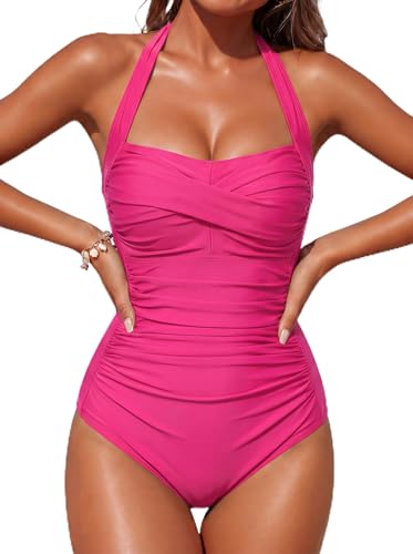 Image of Smismivo Tummy Control Swimwear Halter One Piece Slimming Vintage Retro Swimsuit Womens Ruched Push Up Bathing Suit