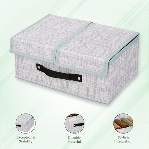 Image of Amazon Brand - Solimo Double Lid Foldable Storage Box | Toys Storage Bin | Wardrobe organizer for Clothes | Front Handle | Stackable Rack | 36 x 25 x 16 cm (Jute Print, Grey)