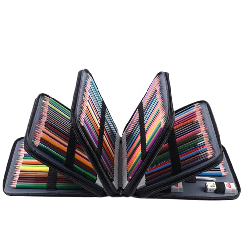 Image of 250 Slots Colored Pencil Case with Zipper Closure Pencils Bag Waterproof PU Leather Pen Organizer Storage Holder for Artist (Black)