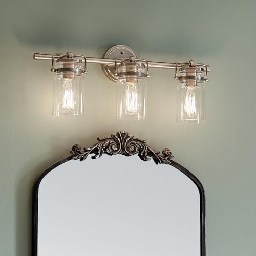 Image of Kichler Brinley 24 inch Vanity Light in Brushed Nickel, 3-Light Farmhouse Bathroom Vanity Light with Clear Glass, (24 inch W x 10 inch H), 45689NI