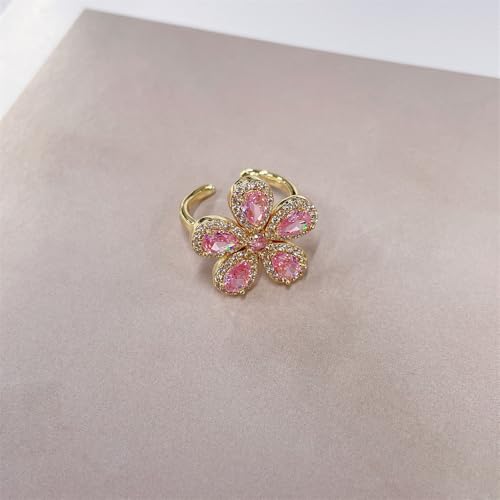 Dainty Pink CZ Flower Adjustable Open Rings for Women Sparkly Crystal Cubic Zirconia Floral 18k Gold Plated Statement Finger Band Engagement Promise Ring Comfort Fit Trendy Jewelry4