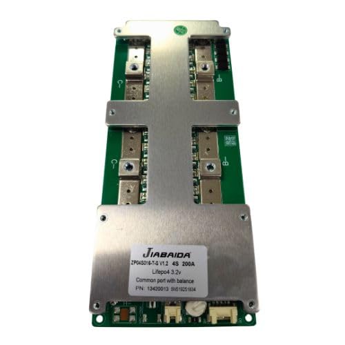 Angled view of the JBD BMS LFP 4S 200A (ZP04S016) showing the side profile and connection points.