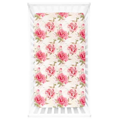 Image of Crib Sheets for Girls Boys, HNHUAMING Neutral Crib Sheet Fitted, Ultra Soft Baby Crib Sheets 52'' X 28'' inch Fits for Standard Crib & Toddler Mattress, Pink Peony Floral