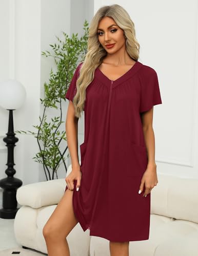 Image of Ekouaer Women Robe Zipper Front Mumu Duster Robes Zip Up Housecoat Soft Sleepwear with Pockets