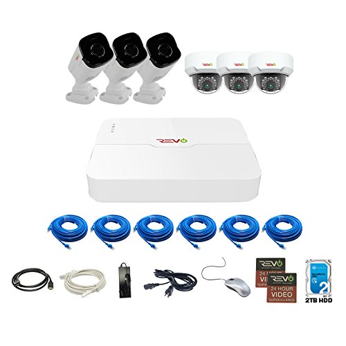 Revo America Ultra 8Ch. 2TB HDD 4K IP NVR Security System - Fixed Lens IP Cameras 3 x 4MP Bullet, 3 x 4MP Mini Vadal Dome - Remote Access via Smart Phone, Tablet, PC & MAC