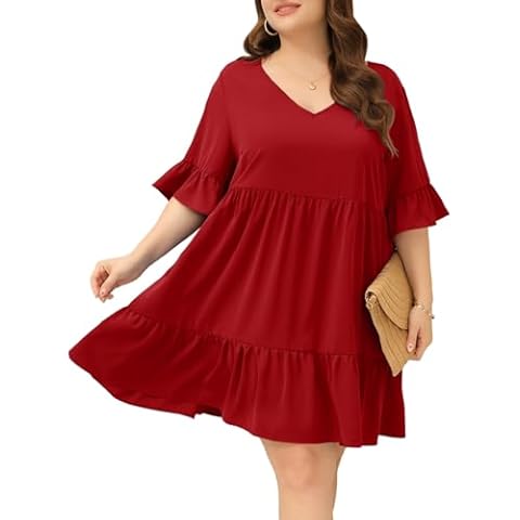 Zongqiven Plus Size Dresses for Women Summer Ruffle Short Sleeve V Neck Dress Tiered Swing A Line Babydoll Mini Dress Cover