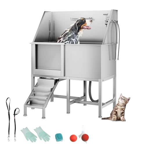 50" Pet Dog Bathing Station, Stainless Steel Dog Bathtub W/Ramp, Floor Grate, Dog Bath Brush, Washing Gloves for Home, Professional Dog Washing Station for Pets (50 Inch Left Door)