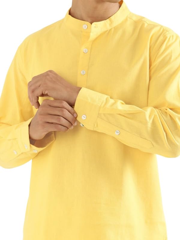 Image of SAADAA Men's Short Kurta - Linen Cotton Blend, Airy Fabric, Regular Fit, Mandarin Collar, Solid Color - Casual, Festive & Ethnic Wear