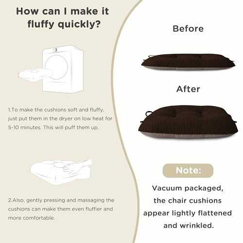 Image of AddGrace Chair Cushions for Dining Chairs Set of 2 Non-Slip Kitchen Seat Cushions with Ties Tufted Thick Seat Pads for Indoor Kitchen Dining Furniture 17 inchx16 inchx3 inch Dark Brown