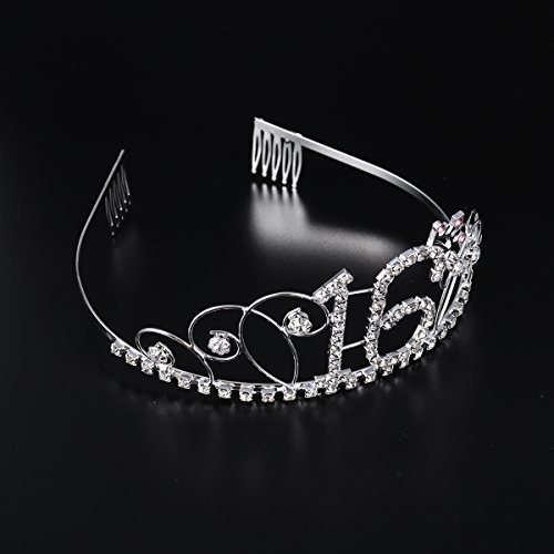 Coroa de aniversário de strass de cristal Frcolor com 16 tiara de aniversário (prata)