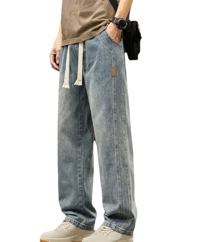 Men Drawstring Elastic Waist Baggy Jeans Men's Streetwear Harajuku Fashion Casual Wide-Leg Denim Pants