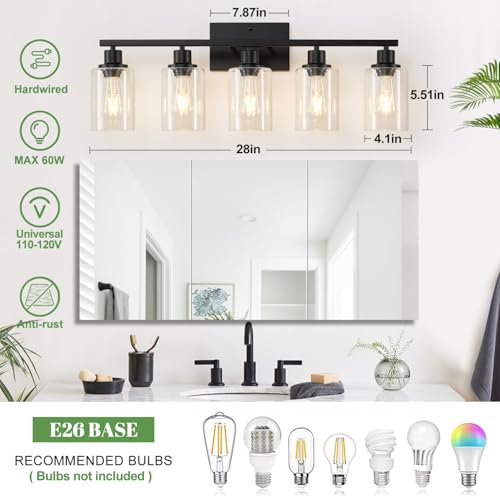 Image of MOKATNG 5-Light Bathroom Light Fixtures, Vanity Light with Clear Glass Shades, Matte Black Bathroom Light Fixtures Over Mirror, Modern Bathroom Wall Lamp for Mirror Living Room Cabinet Bedroom
