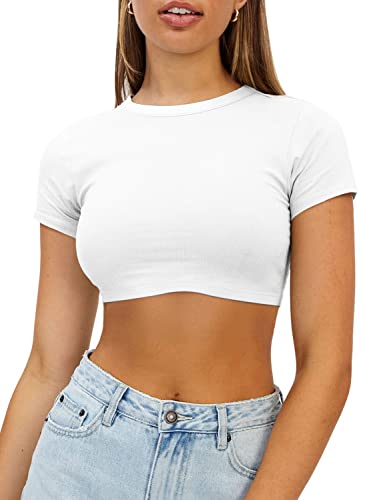 Womens Crop Tops Crewneck Y2K Summer T-Shirt Basic Short Sleeve Fitted Knit Ribbed Casual Blouse Cute Tee Shirt